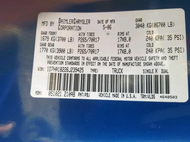 1D7HA18226J239425 - 2006 DODGE RAM 1500 S BLUE photo 10