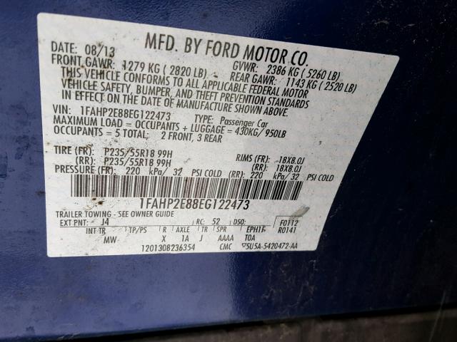 1FAHP2E88EG122473 - 2014 FORD TAURUS SEL BLUE photo 10