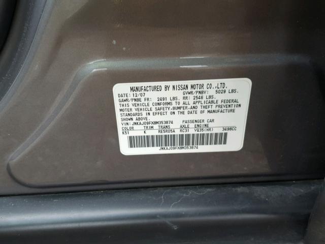 JNKAJ09FX8M353874 - 2008 INFINITI EX35 BASE GRAY photo 10