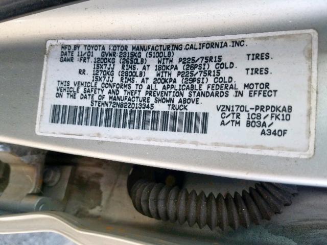 5TEHN72N82Z013345 - 2002 TOYOTA TACOMA DOU SILVER photo 10