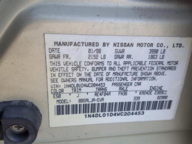 1N4DL01D4WC204453 - 1998 NISSAN ALTIMA XE TAN photo 10