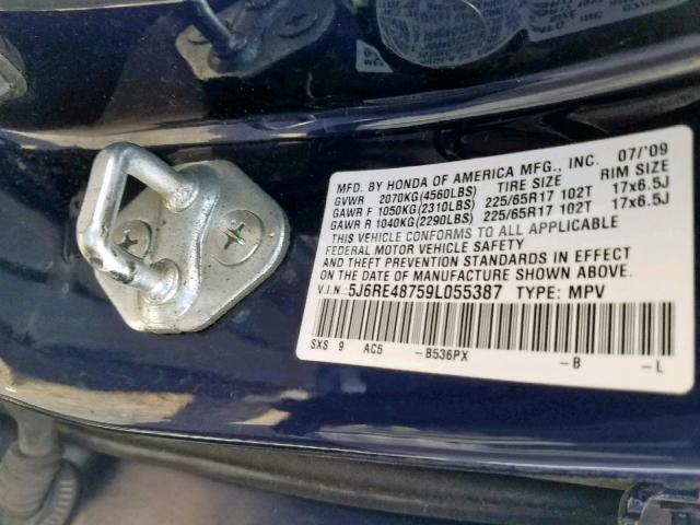 5J6RE48759L055387 - 2009 HONDA CR-V EXL BLUE photo 10