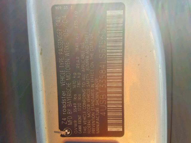4USBT33584LS51565 - 2004 BMW Z4 2.5 GRAY photo 10