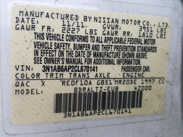 3N1AB6AP2CL670141 - 2012 NISSAN SENTRA 2.0 WHITE photo 10