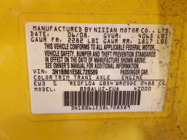 3N1BB61E58L728589 - 2008 NISSAN SENTRA SE- YELLOW photo 10