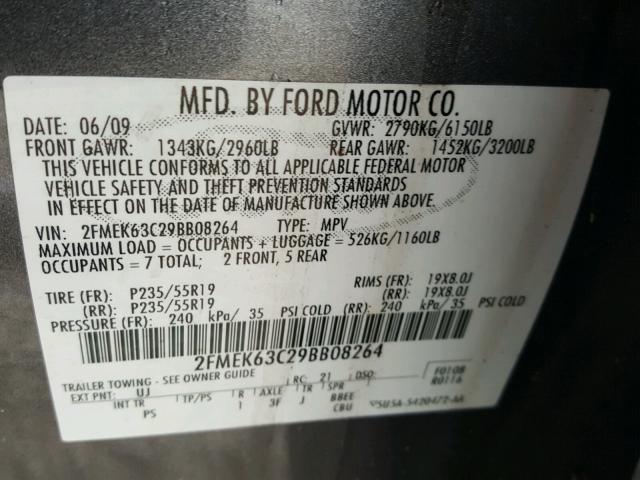 2FMEK63C29BB08264 - 2009 FORD FLEX LIMIT GRAY photo 10