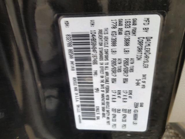 1D4HB58N84F187486 - 2004 DODGE DURANGO LI BLACK photo 10