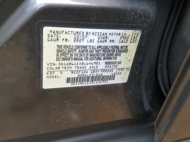 3N1AB61EX8L646921 - 2008 NISSAN SENTRA 2.0 GRAY photo 10