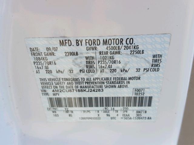 4M2CU87188KJ24283 - 2008 MERCURY MARINER PR WHITE photo 10