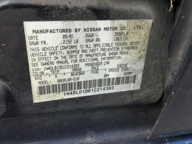 1N4DL01D61C214393 - 2001 NISSAN ALTIMA XE BLUE photo 10