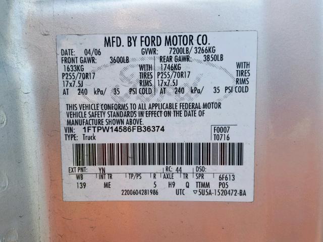 1FTPW14586FB36374 - 2006 FORD F150 SUPER SILVER photo 10