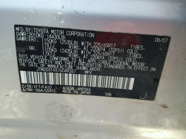 JTMZD31VX76049267 - 2007 TOYOTA RAV4 LIMIT SILVER photo 10