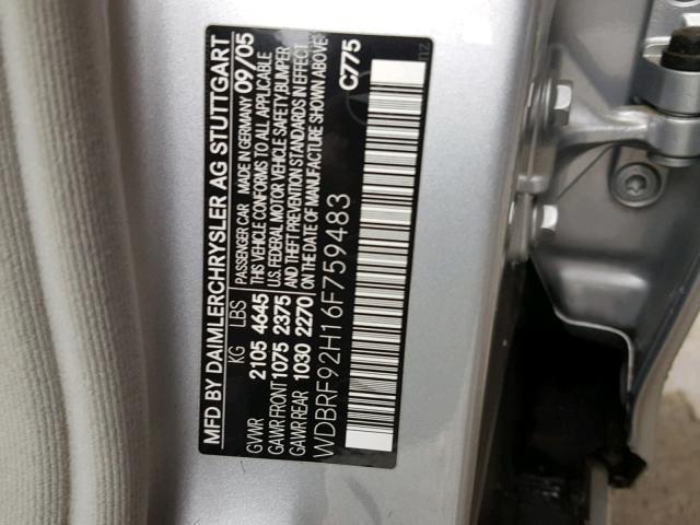 WDBRF92H16F759483 - 2006 MERCEDES-BENZ C GENERATI SILVER photo 10