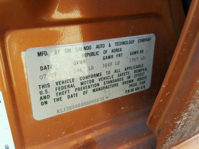 KL1TD56698B066631 - 2008 CHEVROLET AVEO BASE Narıncı foto 10