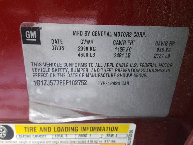 1G1ZJ57789F102752 - 2009 CHEVROLET MALIBU 2LT BURGUNDY photo 10