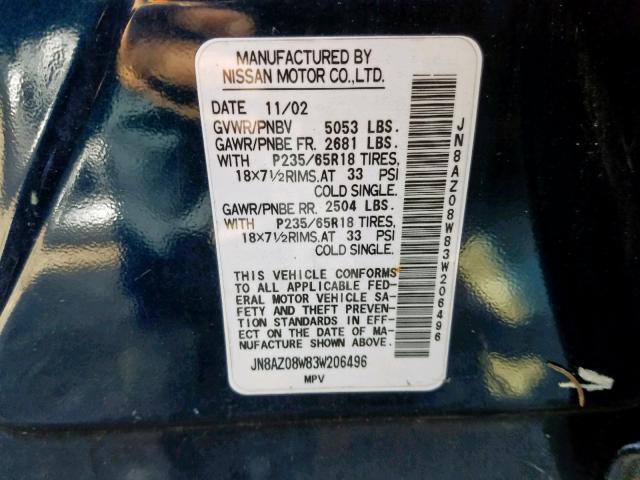 JN8AZ08W83W206496 - 2003 NISSAN MURANO SL BLUE photo 10