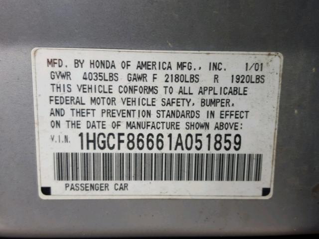 1HGCF86661A051859 - 2001 HONDA ACCORD VAL SILVER photo 10