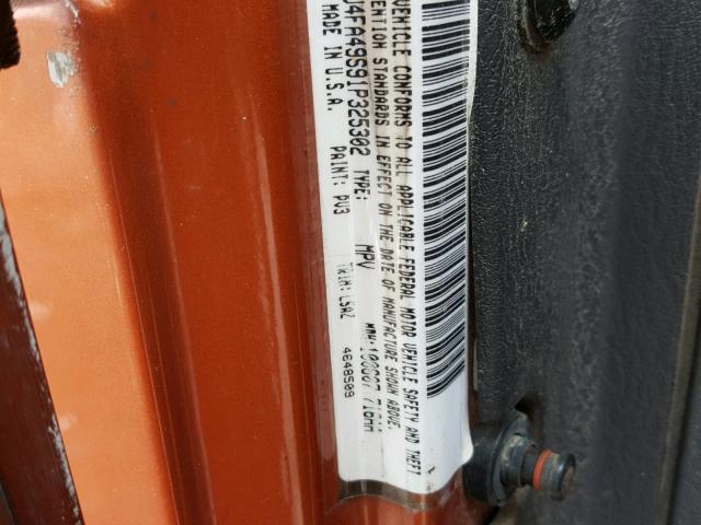 1J4FA49S91P325302 - 2001 JEEP WRANGLER / ORANGE photo 10