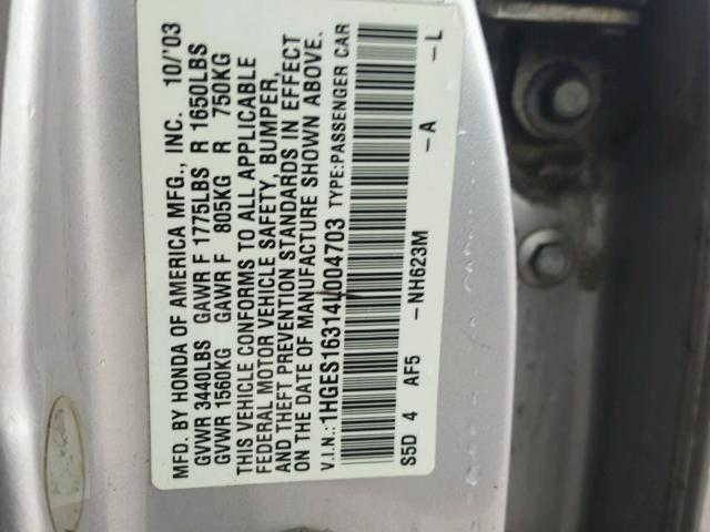 1HGES16314L004703 - 2004 HONDA CIVIC DX V GRAY photo 10