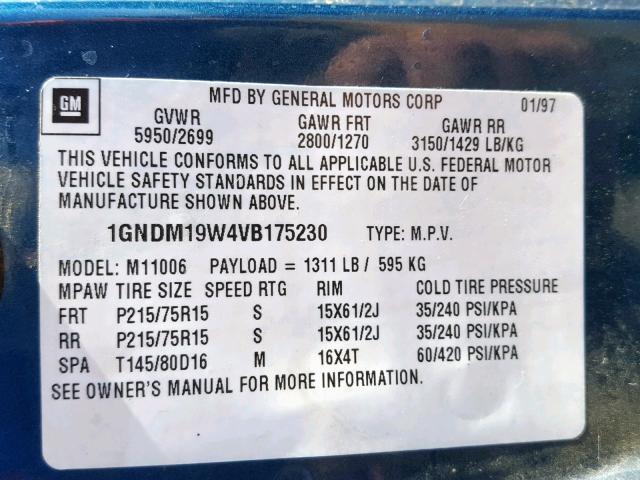 1GNDM19W4VB175230 - 1997 CHEVROLET ASTRO BLUE photo 10