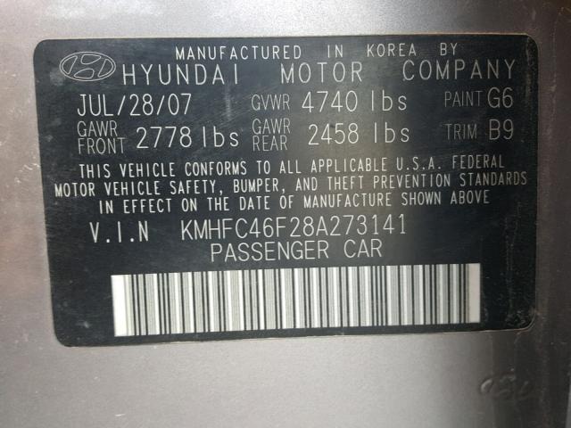 KMHFC46F28A273141 - 2008 HYUNDAI AZERA SE SILVER photo 10