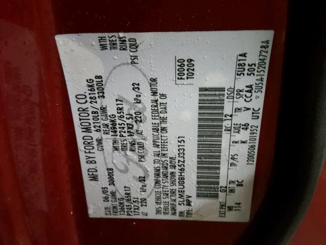 5LMEU88H65ZJ33151 - 2005 LINCOLN AVIATOR 栗色 照片 10