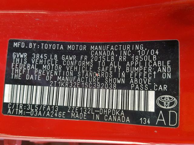 2T1KR32E15C392038 - 2005 TOYOTA COROLLA MA RED photo 10