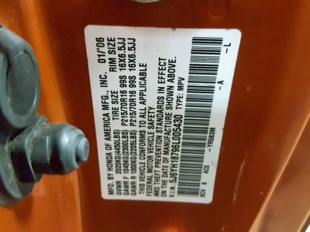 5J6YH18796L005430 - 2006 HONDA ELEMENT EX ORANGE photo 10