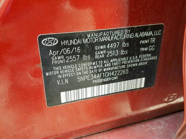 5NPE34AF1GH422265 - 2016 HYUNDAI SONATA SPO BURGUNDY photo 10