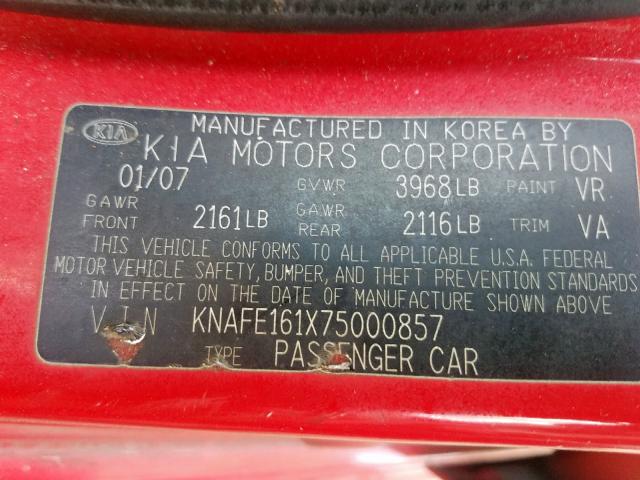 KNAFE161X75000857 - 2007 KIA SPECTRA5 S RED photo 10