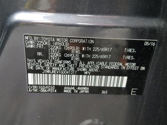 JTMRJREV1GD041317 - 2016 TOYOTA RAV4 HV XL GRAY photo 10