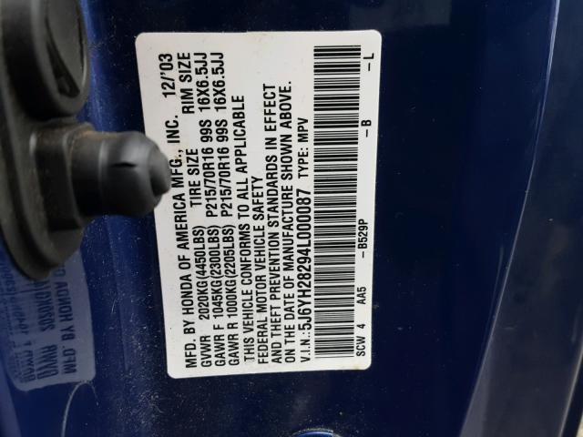 5J6YH28294L000087 - 2004 HONDA ELEMENT DX BLUE photo 10