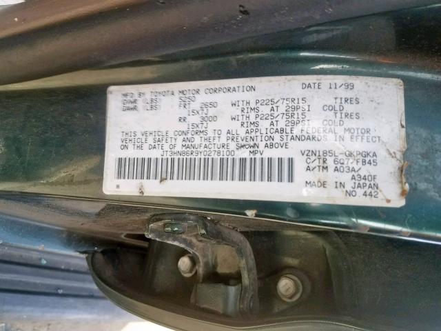 JT3HN86R9Y0278100 - 2000 TOYOTA 4RUNNER SR GREEN photo 10