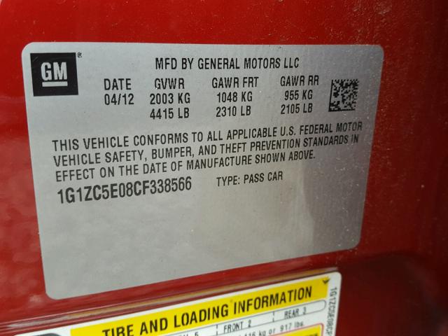 1G1ZC5E08CF338566 - 2012 CHEVROLET MALIBU 1LT RED photo 10