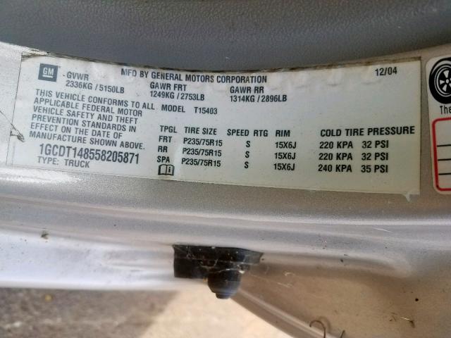 1GCDT148558205871 - 2005 CHEVROLET COLORADO GRAY photo 10