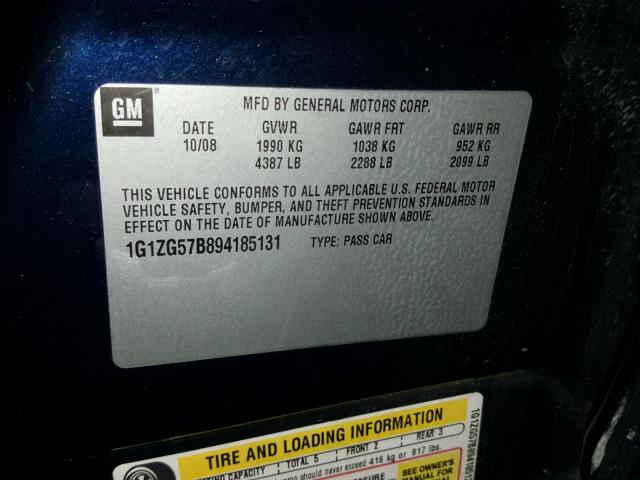 1G1ZG57B894185131 - 2009 CHEVROLET MALIBU LS 蓝色 照片 10