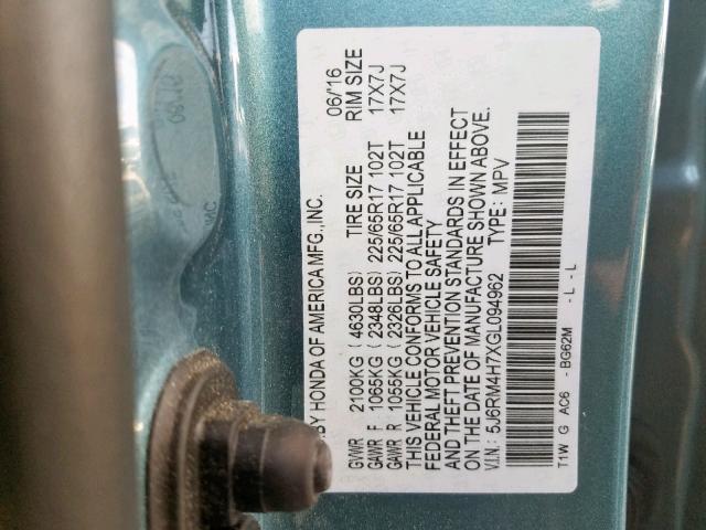 5J6RM4H7XGL094962 - 2016 HONDA CR-V EXL BLUE photo 10