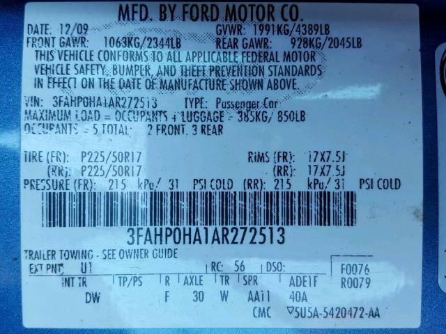 3FAHP0HA1AR272513 - 2010 FORD FUSION SE BLUE photo 10