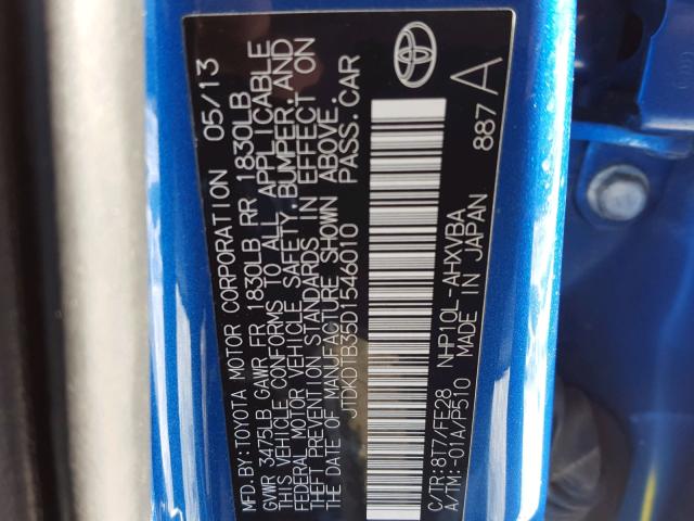 JTDKDTB35D1546010 - 2013 TOYOTA PRIUS C BLUE photo 10