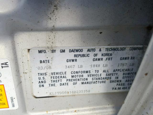 KL1TD56618B233158 - 2008 CHEVROLET AVEO BASE ვერცხლისფერი ფოტო 10