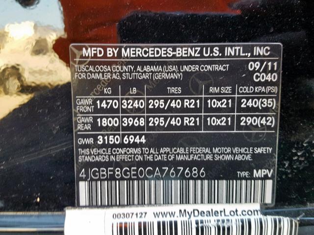 4JGBF8GE0CA767686 - 2012 MERCEDES-BENZ GL 550 4MA BLACK photo 10