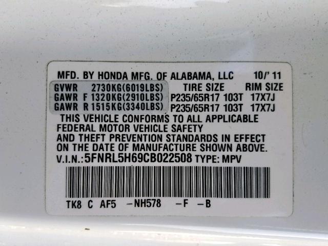 5FNRL5H69CB022508 - 2012 HONDA ODYSSEY EX WHITE photo 10