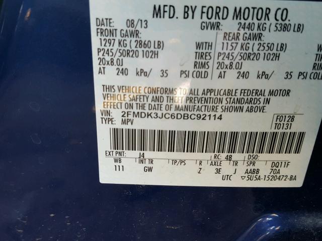 2FMDK3JC6DBC92114 - 2013 FORD EDGE SEL BLUE photo 10