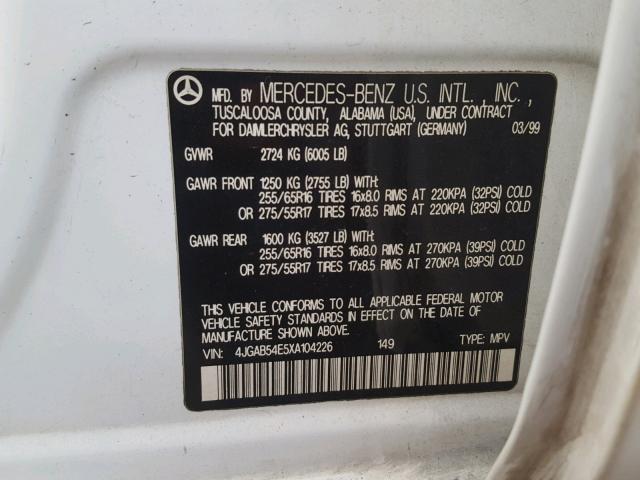 4JGAB54E5XA104226 - 1999 MERCEDES-BENZ ML 320 WHITE photo 10