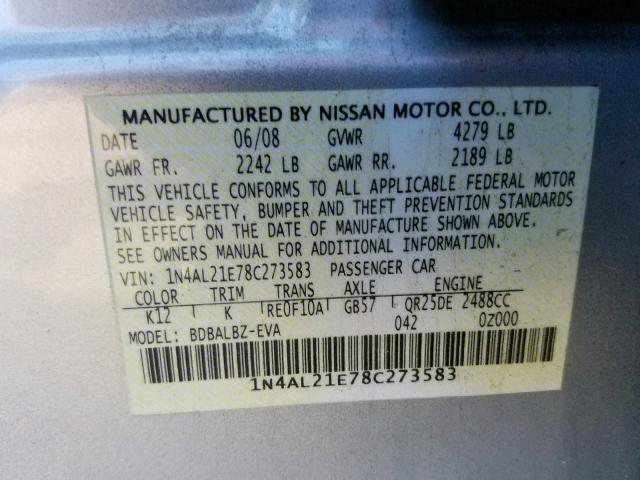 1N4AL21E78C273583 - 2008 NISSAN ALTIMA 2.5 SILVER photo 10