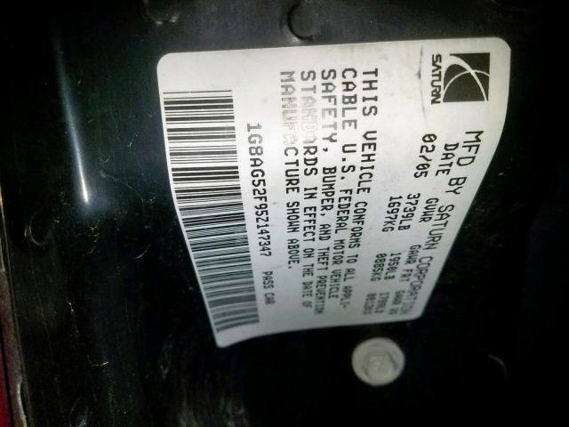 1G8AG52F95Z147347 - 2005 SATURN ION LEVEL RED photo 10