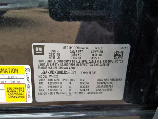 5GAKVDKD0DJ253001 - 2013 BUICK ENCLAVE BLACK photo 10