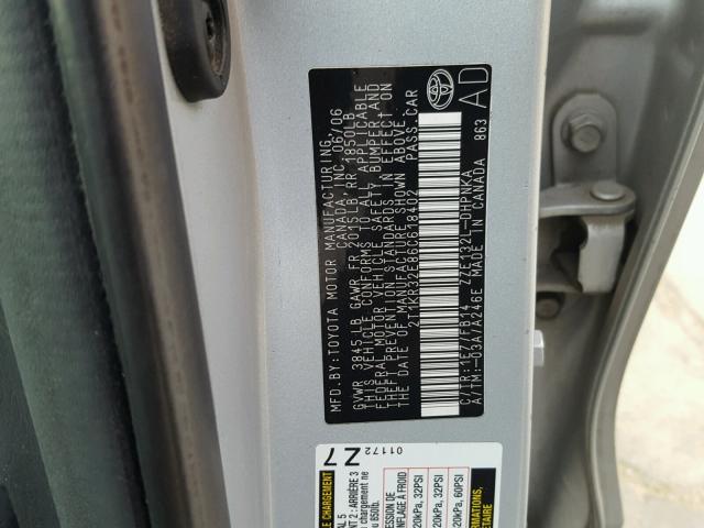 2T1KR32E86C618402 - 2006 TOYOTA COROLLA MA SILVER photo 10