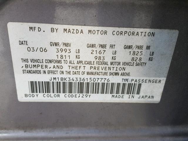 JM1BK343361507776 - 2006 MAZDA 3 HATCHBAC GRAY photo 10