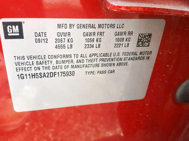 1G11H5SA2DF175930 - 2013 CHEVROLET MALIBU LTZ RED photo 10